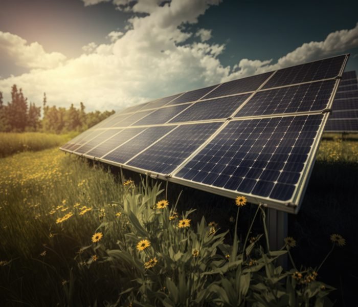photovoltaic solar power panel in the field, green clean Alternative power energy concept.